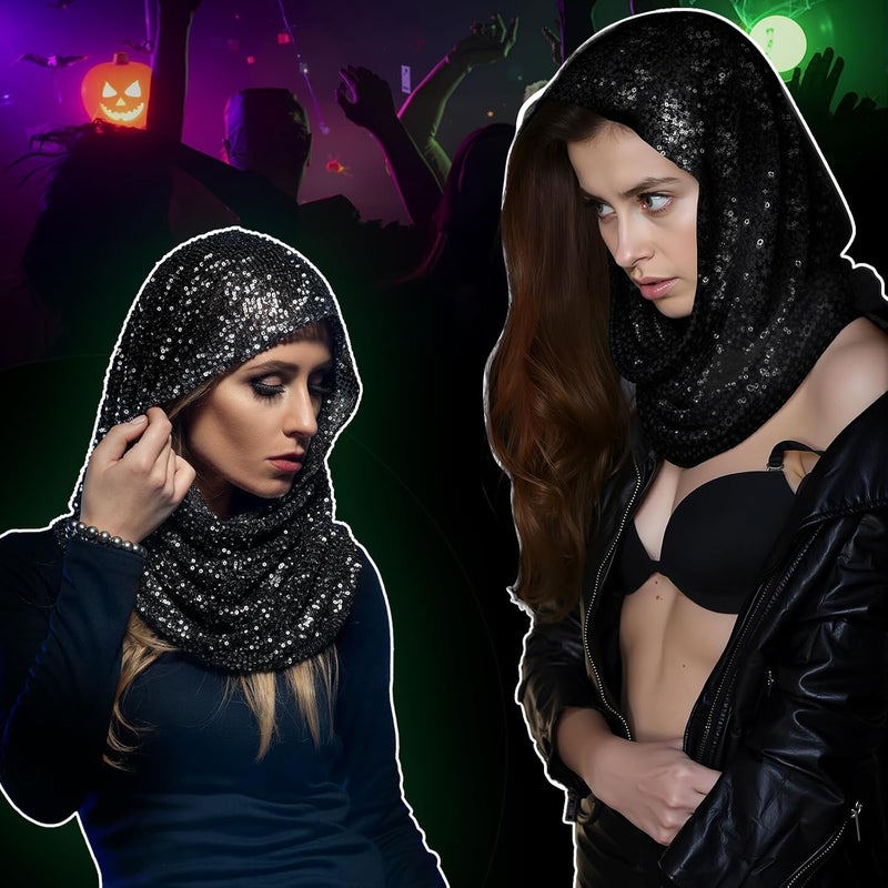 Simlakey Sequin Rave Hood Rave Scarf Outfit Accessories for Women Glitter Hooded for Carnival Parade Concert Costume - Image 5